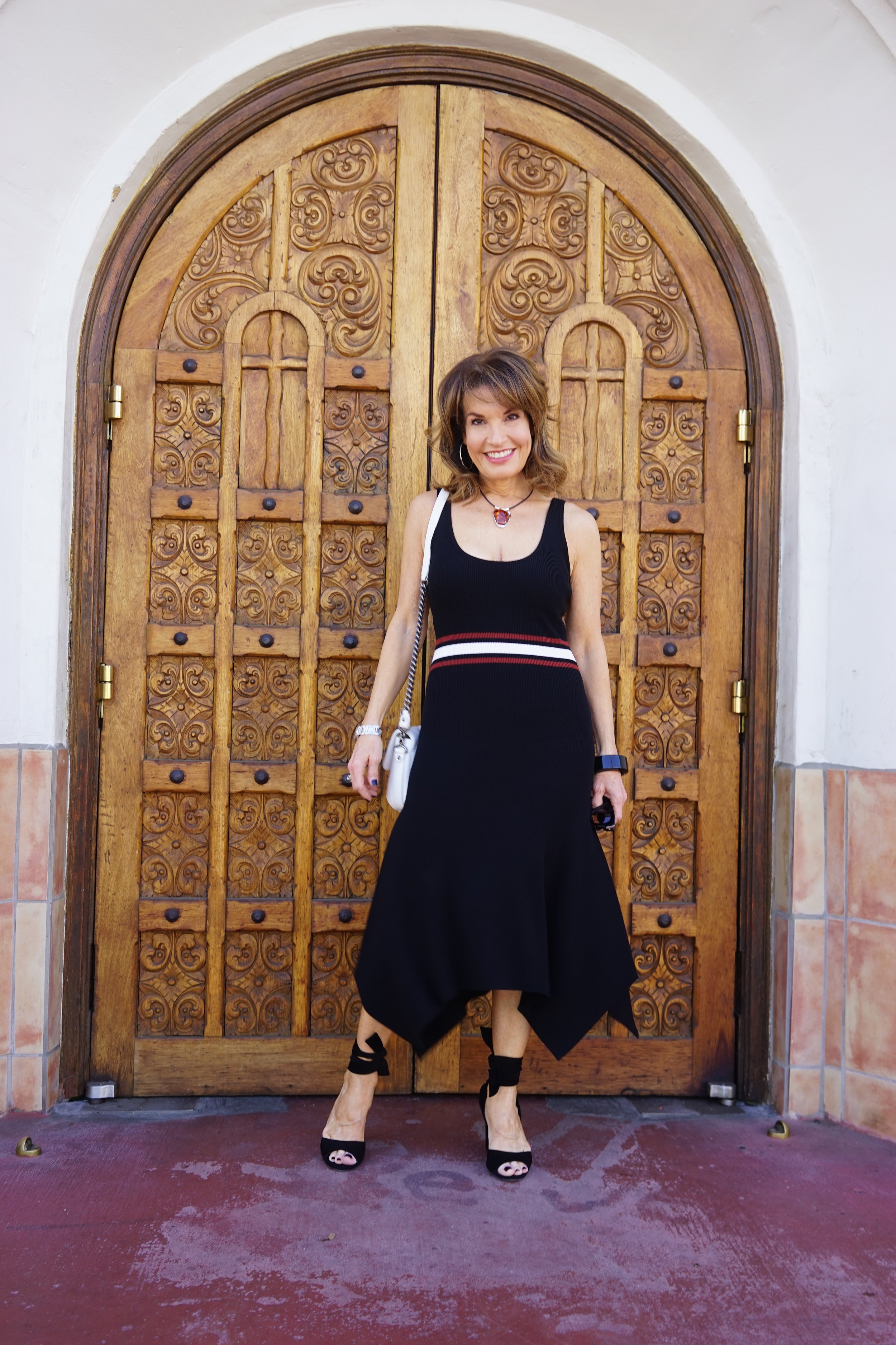 ALC Dress, Gianvito Rossi Sandals, Chanel Handbag, Lanvin Bangle, Celine sunglasses.