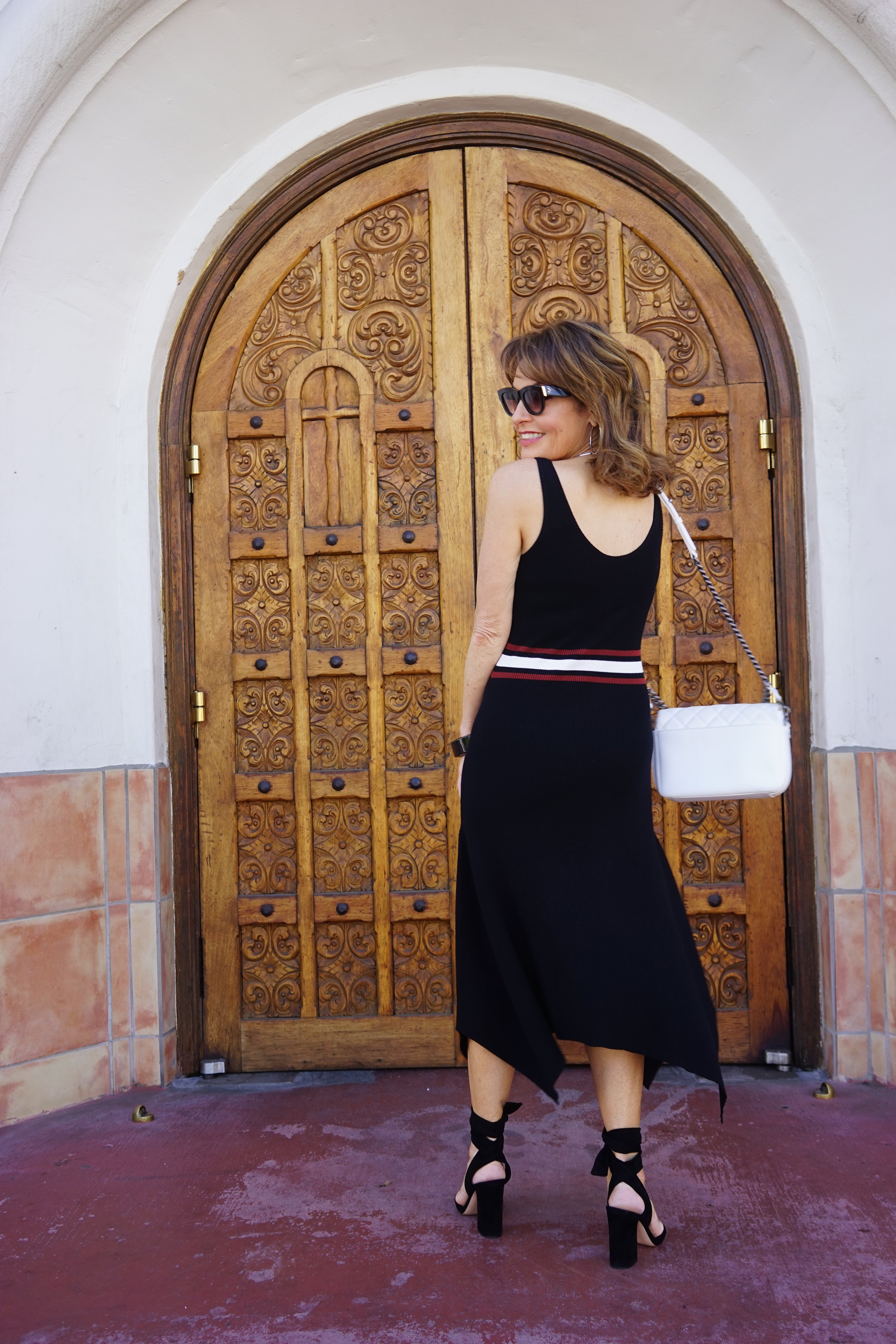 ALC Dress, Gianvito Rossi Sandals, Chanel Handbag, Lanvin Bangle, Celine sunglasses.