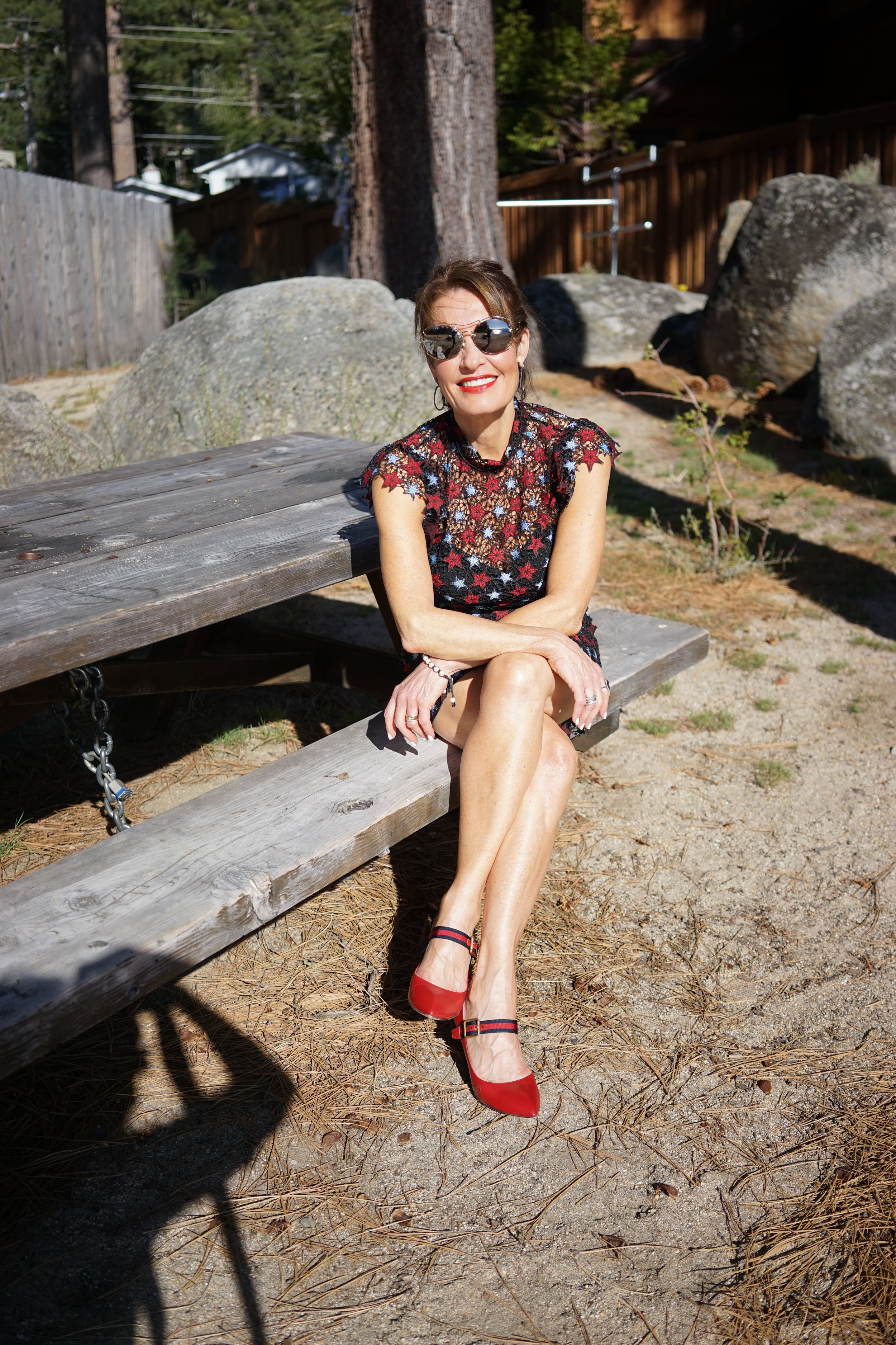 Sandro Dress, Gucci Shoes, Victoria Beckham Clutch,  Jewels by Caryn Earrings Miu Miu Sunglasses.