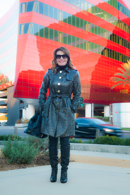 Worth New York Coat, Aqua Turtleneck, Rag and Bone Jeans, Jimmy Choo Over-the-Knee Boots, Stephanie Kantis Necklaces, Gucci Belt, Valentino Handbag, Celine Shades.