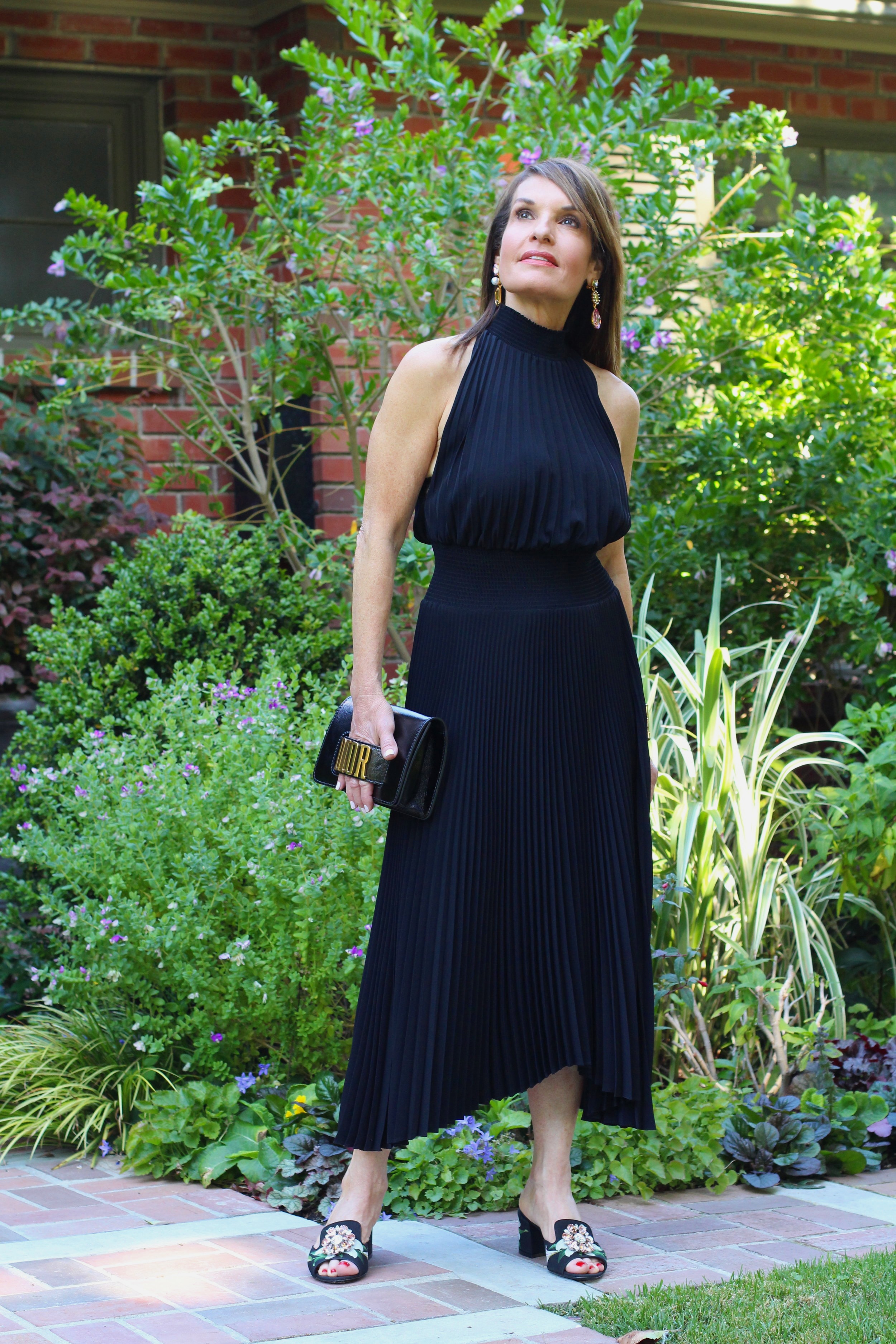ALC Dress, Dolce and Gabanna Slides, Oscar De La Renta Earrings, Vintage YSL Bracelet, Dior Clutch, Gucci Shades. 