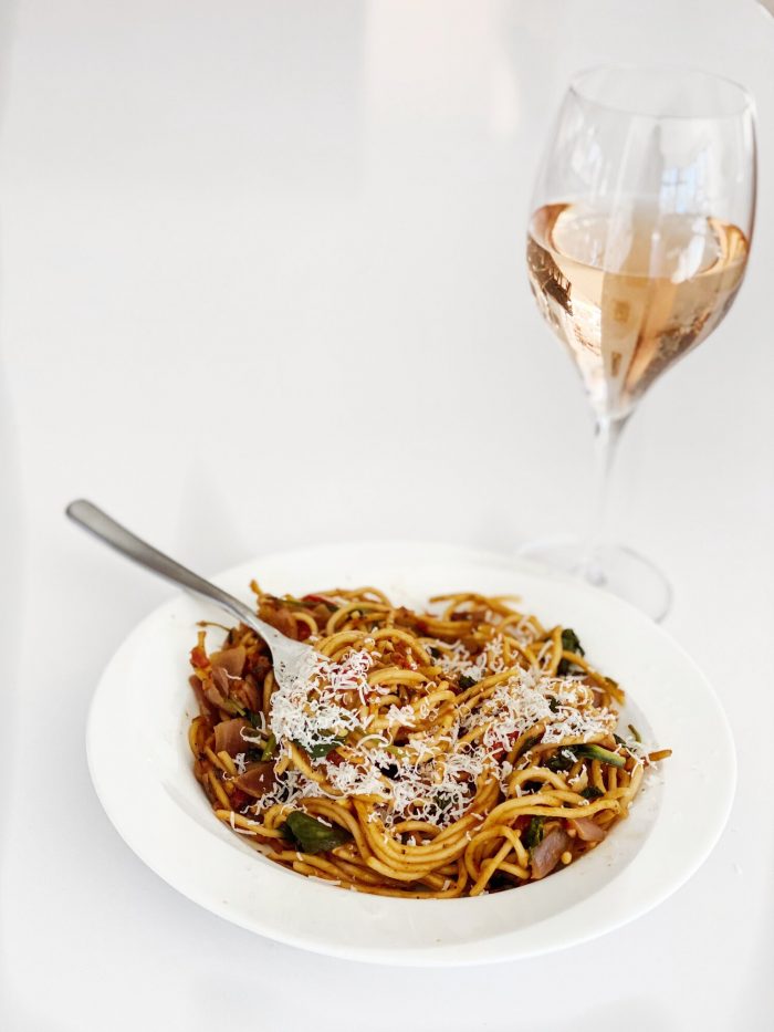 One-Pot Pasta with Spinach and Tomatoes.