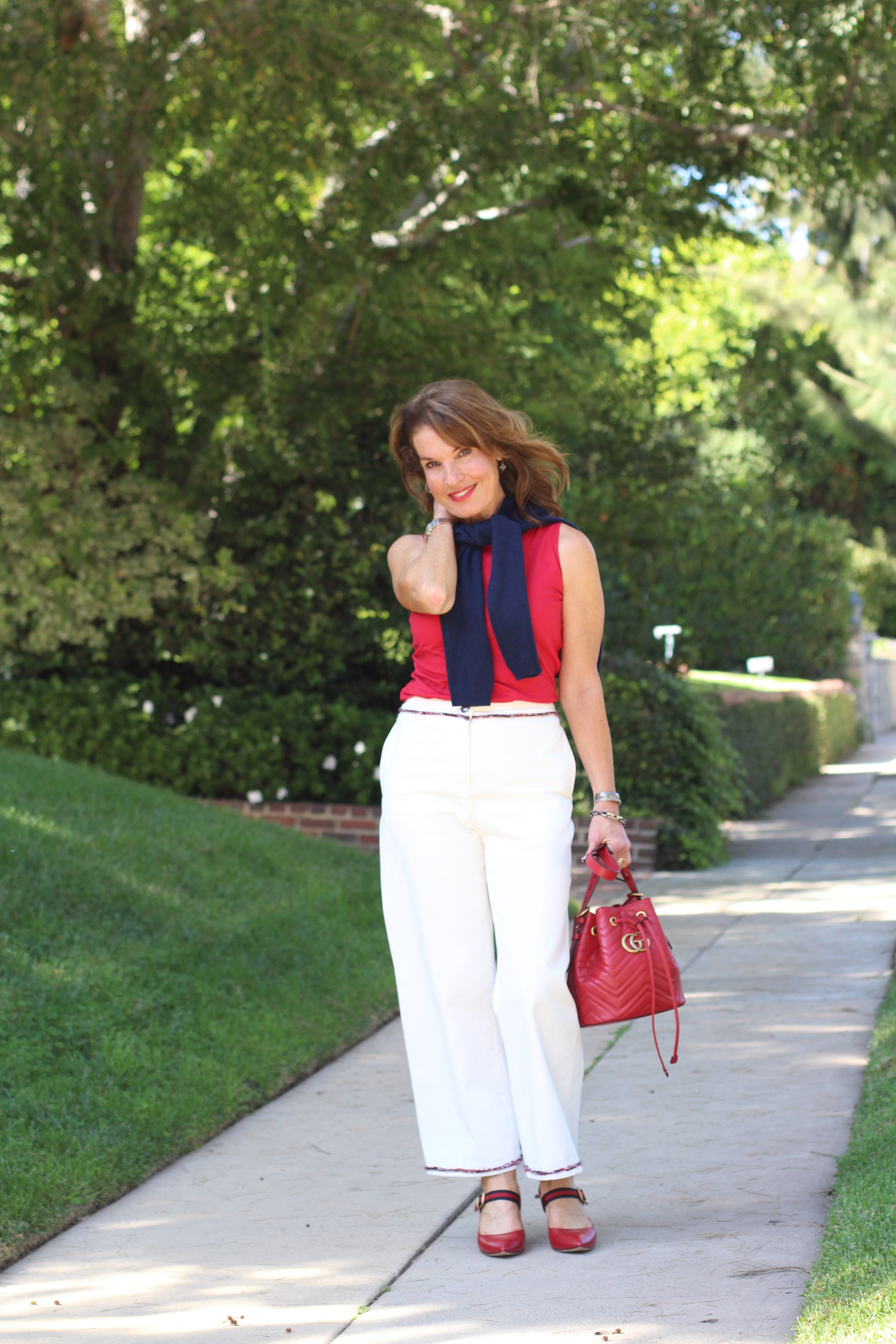 Chanel Pants, Worth New York Top, C by Bloomingdales Cardigan, Gucci Shoes and Handbag, Suneera Bracelets, Chanel Shades.