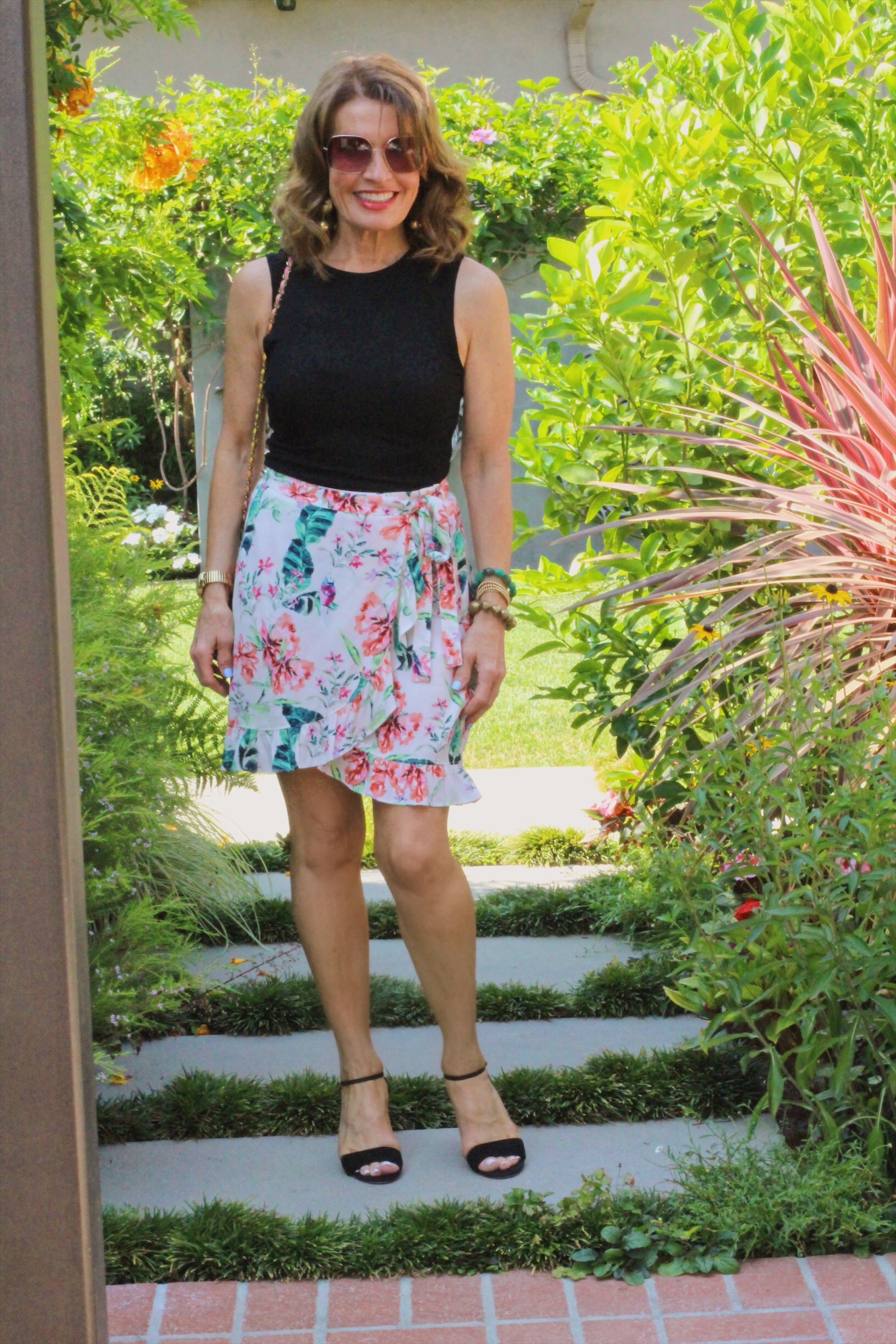 Michael Stars Top, Sanctuary Skirt, YSL Handbag, Aquazzura Heels, Oliver Peoples Sunglasses, Vintage Earrings, Hamilton Watch, Robin Terman Small Beaded Gold Bracelets.