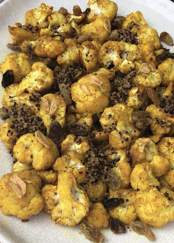 Turmeric Roasted Cauliflower with Raisins and Crispy Quinoa