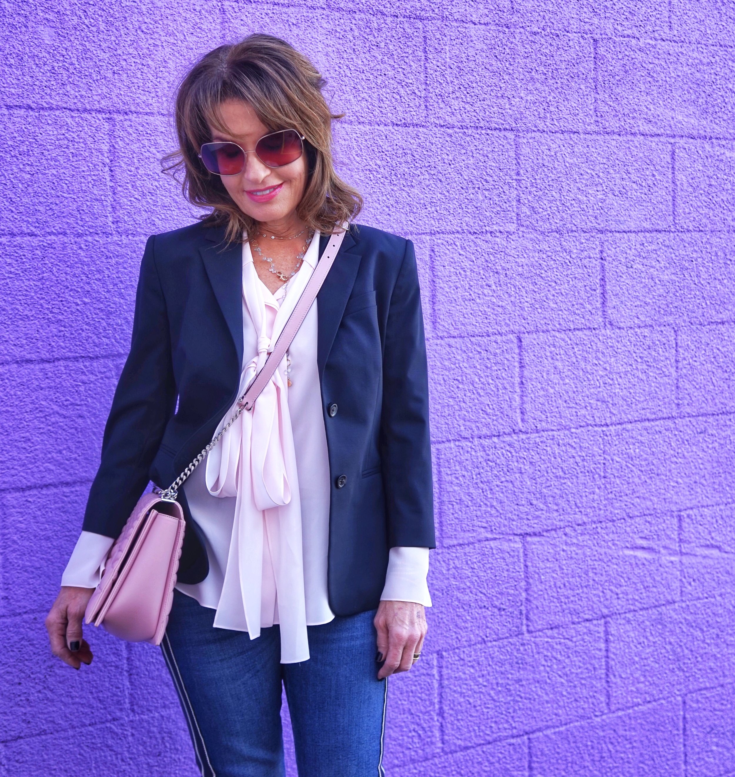  The Row Jacket, Chloe Blouse, Alexander McQueen Jeans, Manolo Blahnik Sandals, Bally Handbag, Robin Terman Bracelets, Ippolita Earrings,  Anne Sisteron Choker, Dominique Cohen necklace, Suneera Ring, Oliver Peoples Sunglasses.