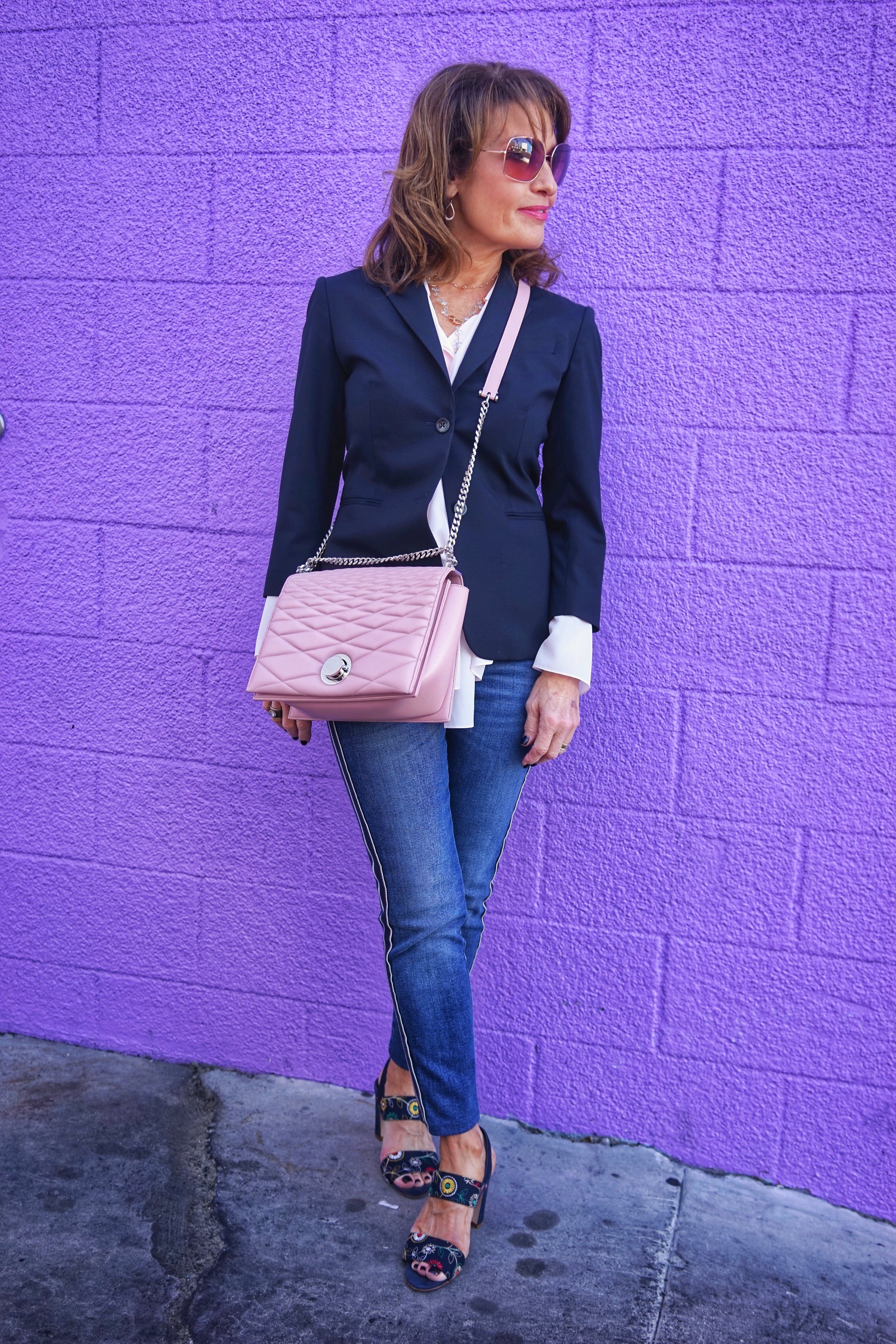  The Row Jacket, Chloe Blouse, Alexander McQueen Jeans, Manolo Blahnik Sandals, Bally Handbag, Robin Terman Bracelets, Ippolita Earrings,  Anne Sisteron Choker, Dominique Cohen necklace, Suneera Ring, Oliver Peoples Sunglasses.