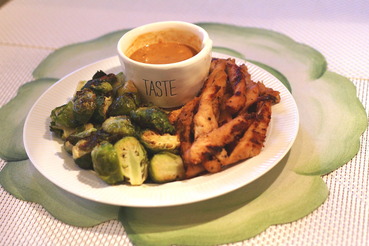 Chicken Strips and Crunchy Brussels Sprouts with Peanut Dip