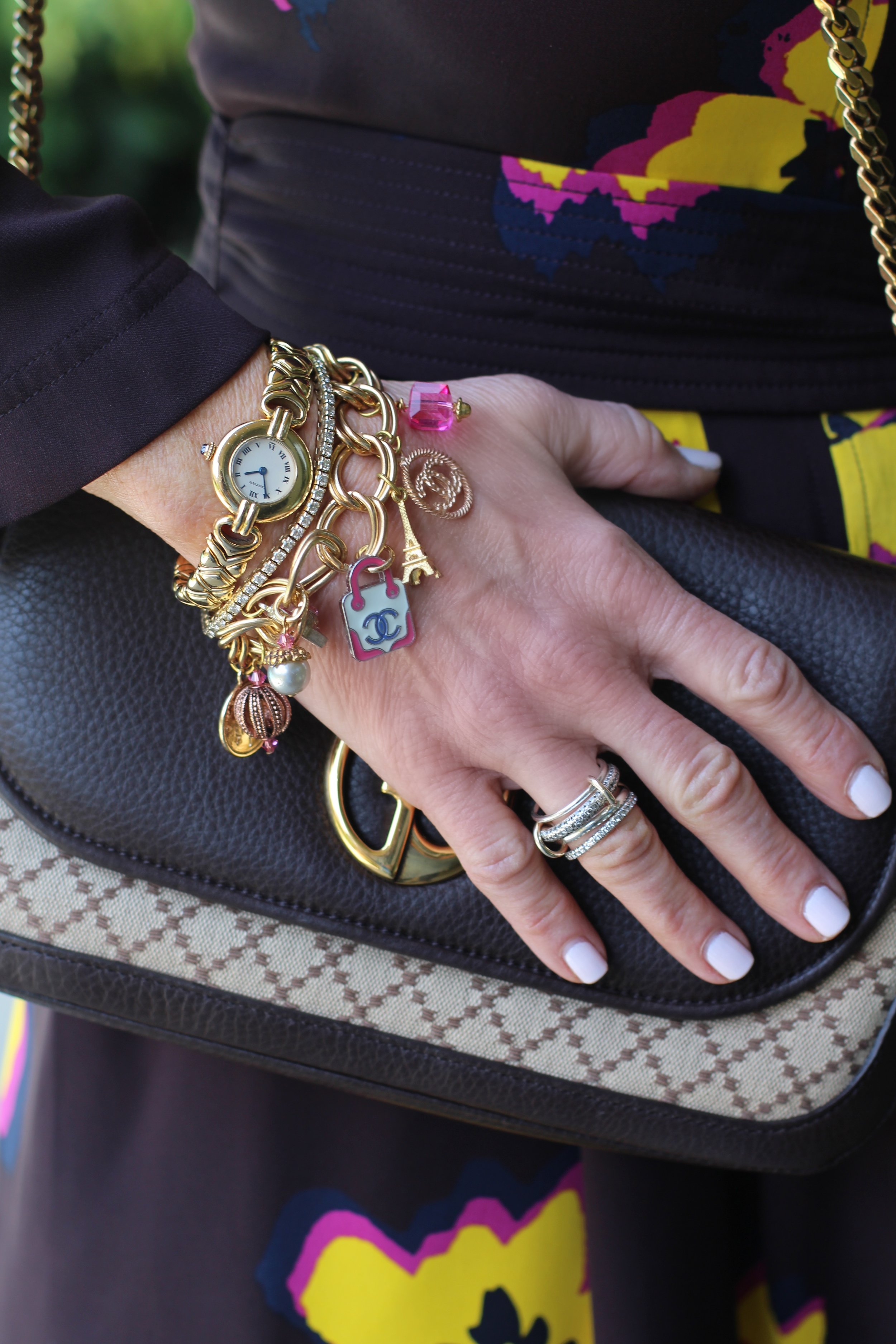 A.L.C. Dress, Jimmy Choo Shoes, Vintage Gucci Handbag, Gucci Sunglasses, Bracelets by Molly (left wrist), Charm Bracelet by Cathryn Wagner (right hand).