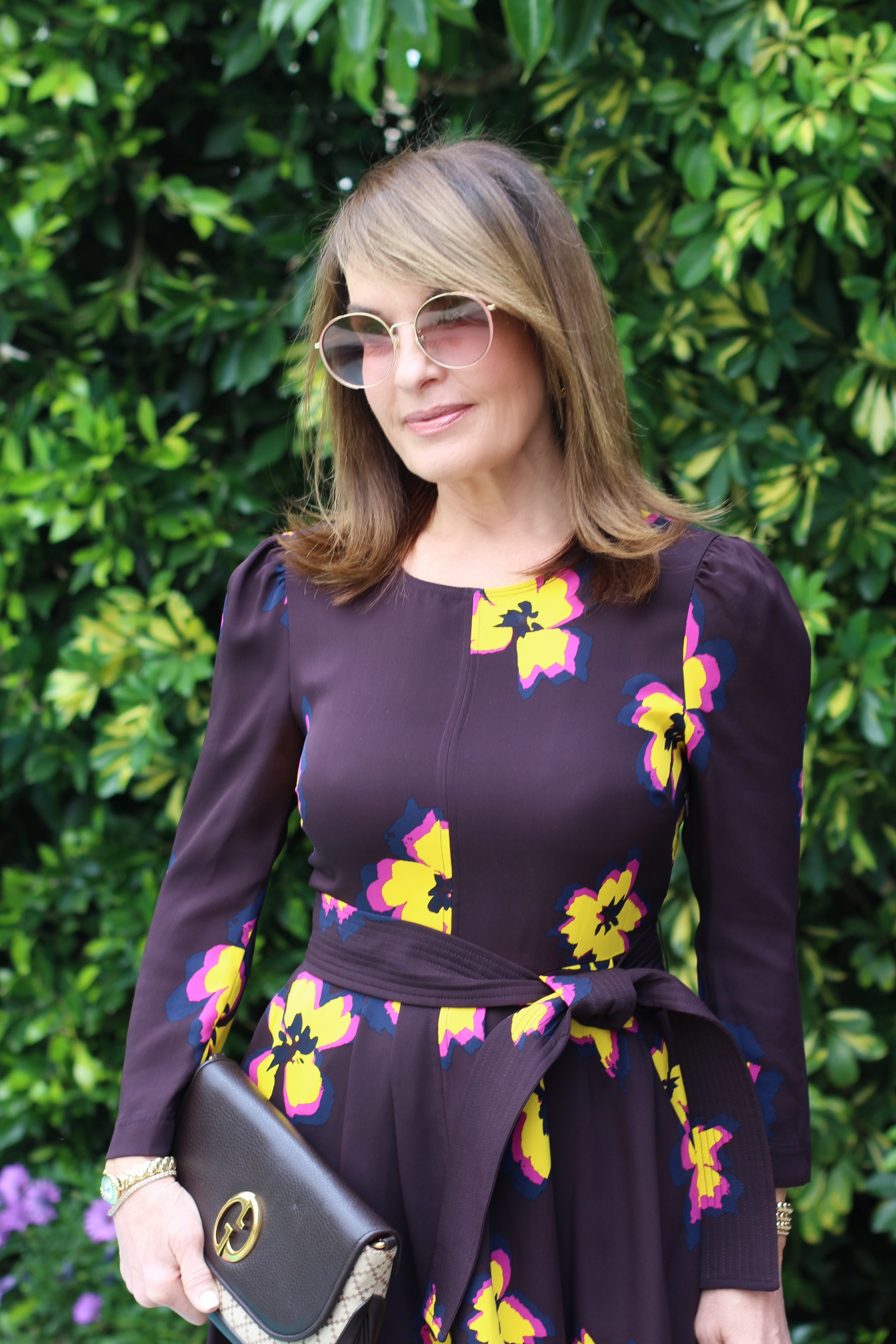 A.L.C. Dress, Jimmy Choo Shoes, Vintage Gucci Handbag, Gucci Sunglasses, Bracelets by Molly (left wrist), Charm Bracelet by Cathryn Wagner (right hand).