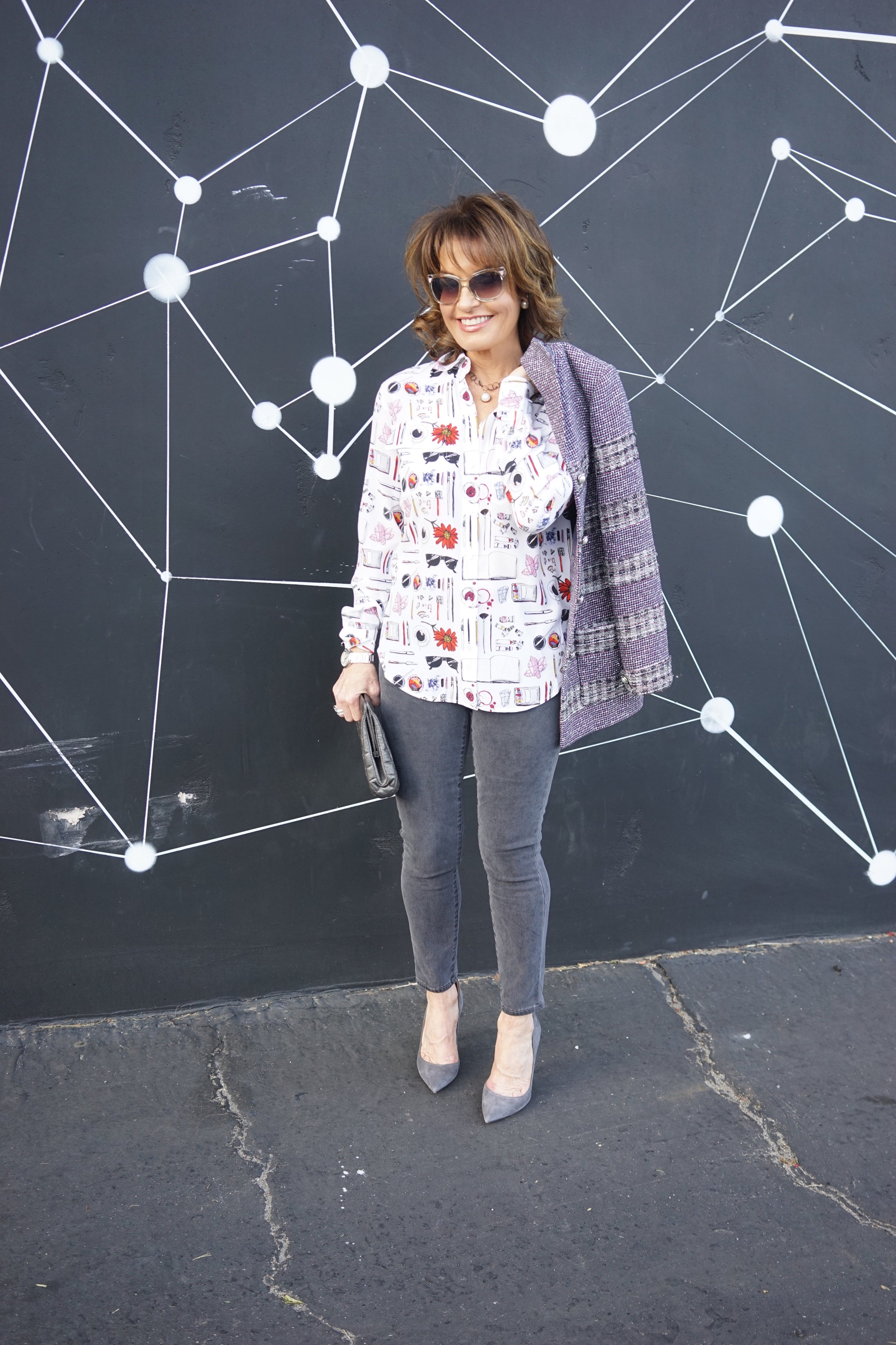 Chanel Jacket and Clutch, Equipment Blouse, J Brand Jeans, Gianvanito Rossi Pumps, Christian Dior Shades and Tribal Earrings.