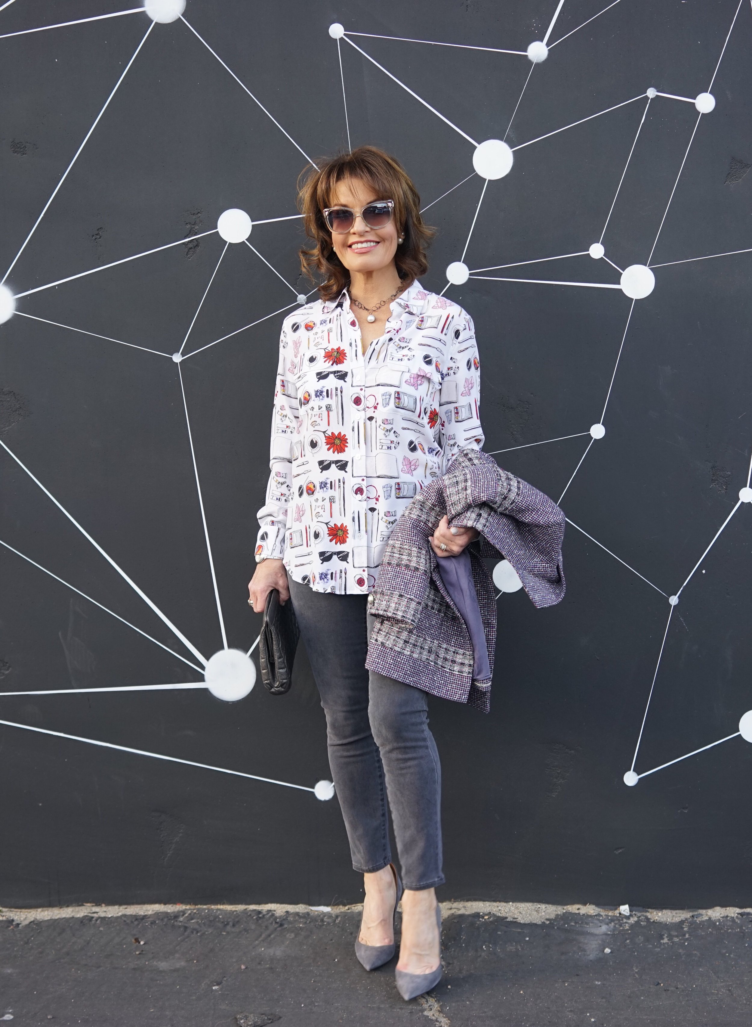 Chanel Jacket and Clutch, Equipment Blouse, J Brand Jeans, Gianvanito Rossi Pumps, Christian Dior Shades and Tribal Earrings.