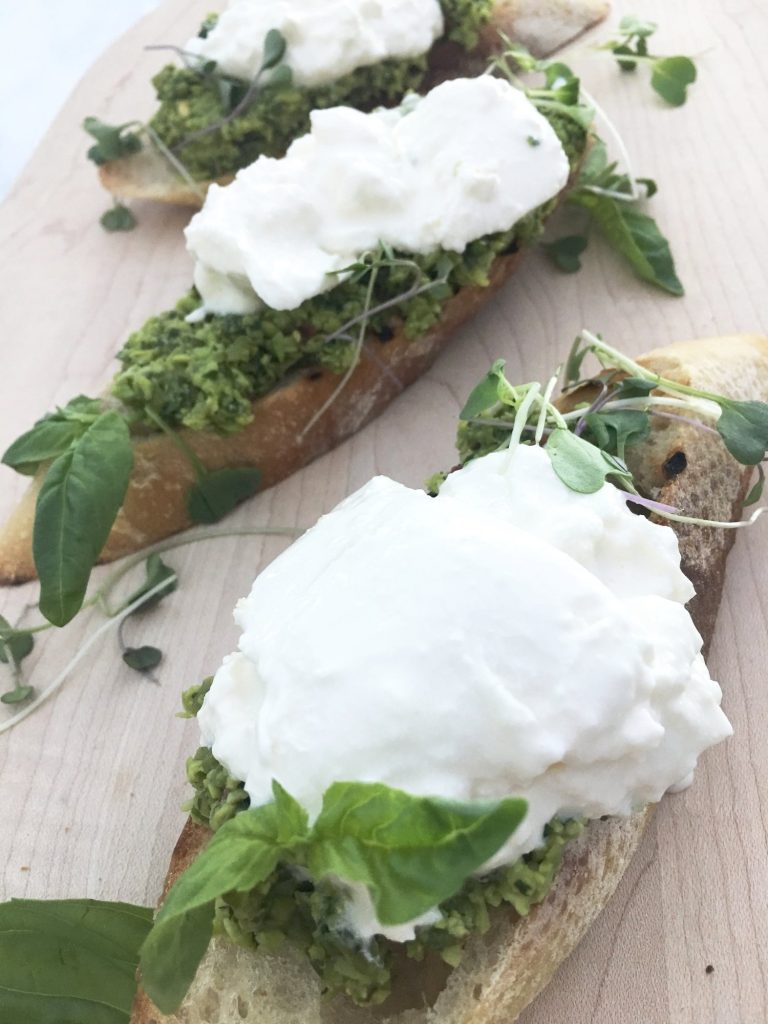 Pea Pesto and Burrata Crostini