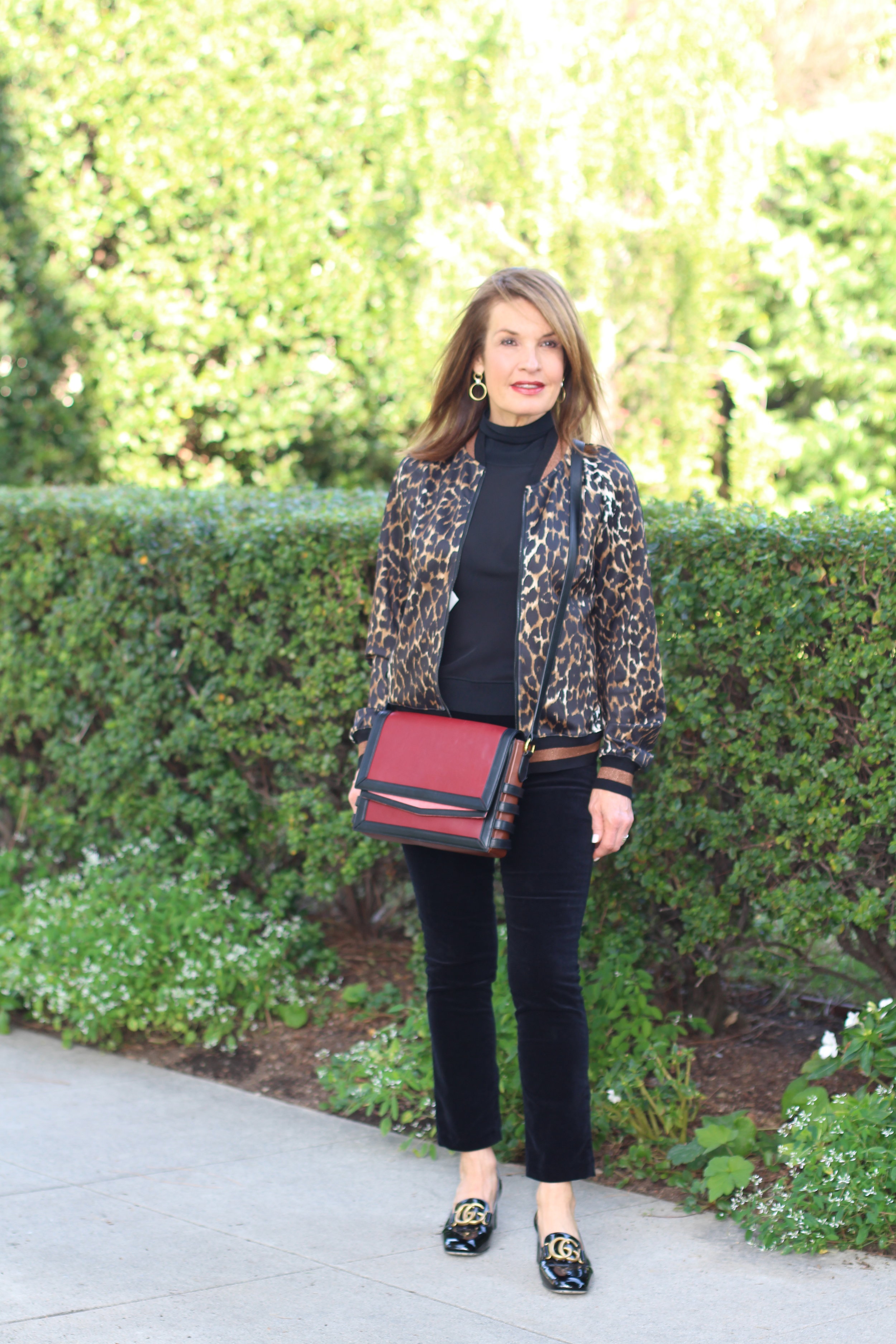 Pam and Gela Jacket, Theory Top, J Brand Velvet Pants, Gucci Shoes, Christian Louboutin Handbag, Chanel Sunglasses, Madewell Earrings.