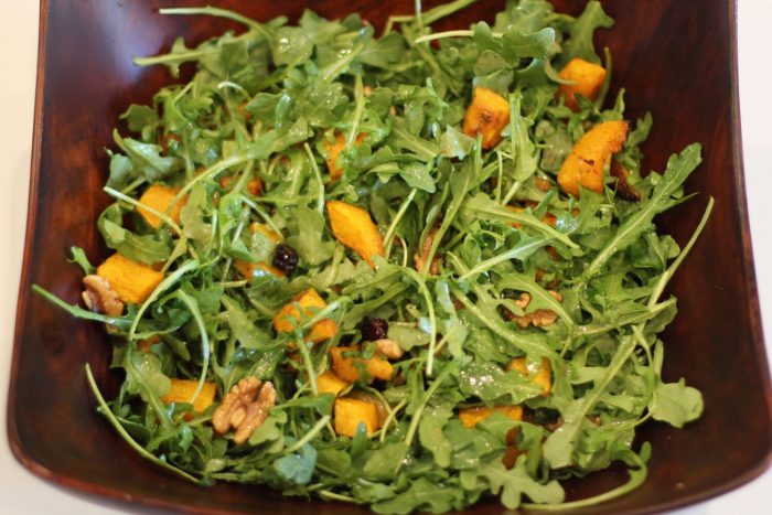 Arugula Salad with Roasted Butternut Squash and Warm Cider Vinaigrette