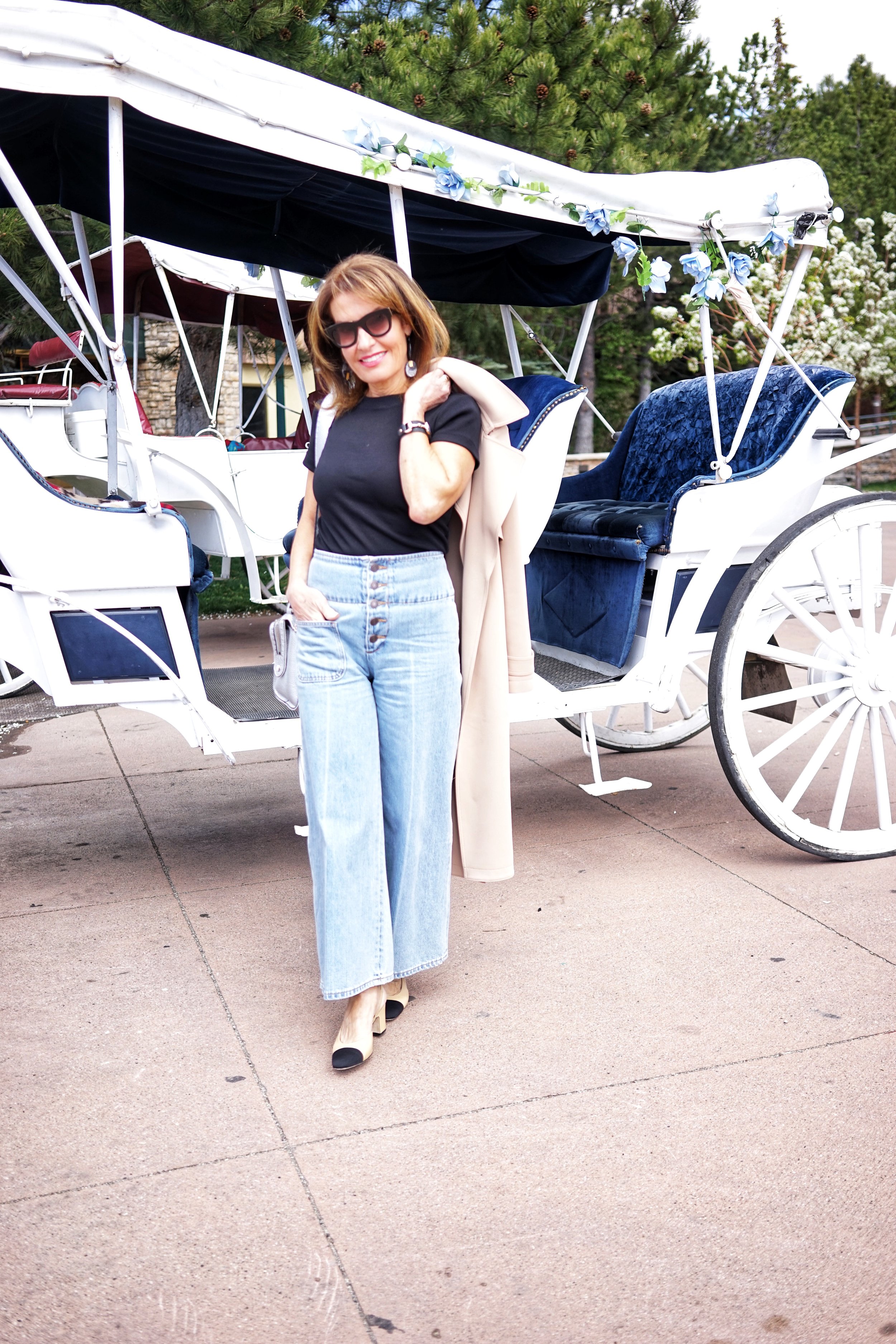 Theory Trench Coat and T- shirt, Marc Jacobs Jeans, Chanel Shoes, Earrings from Earth's Spirits, Fendi Bag, Celine Sunnies.