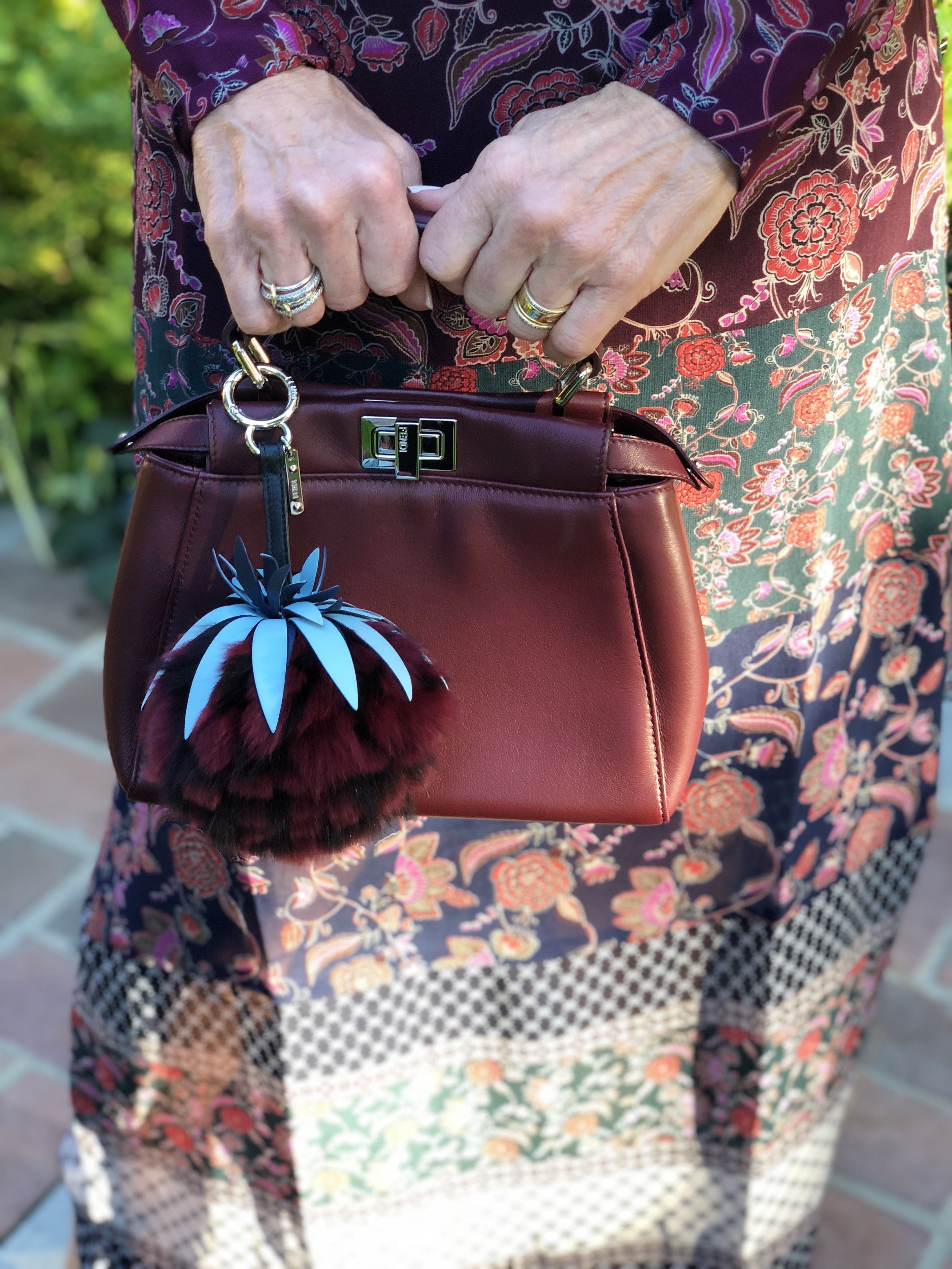 Cabi Dress, Fendi Handbag, Chloe Sunglasses, Maje Sandals, Ele Keats Earrings.