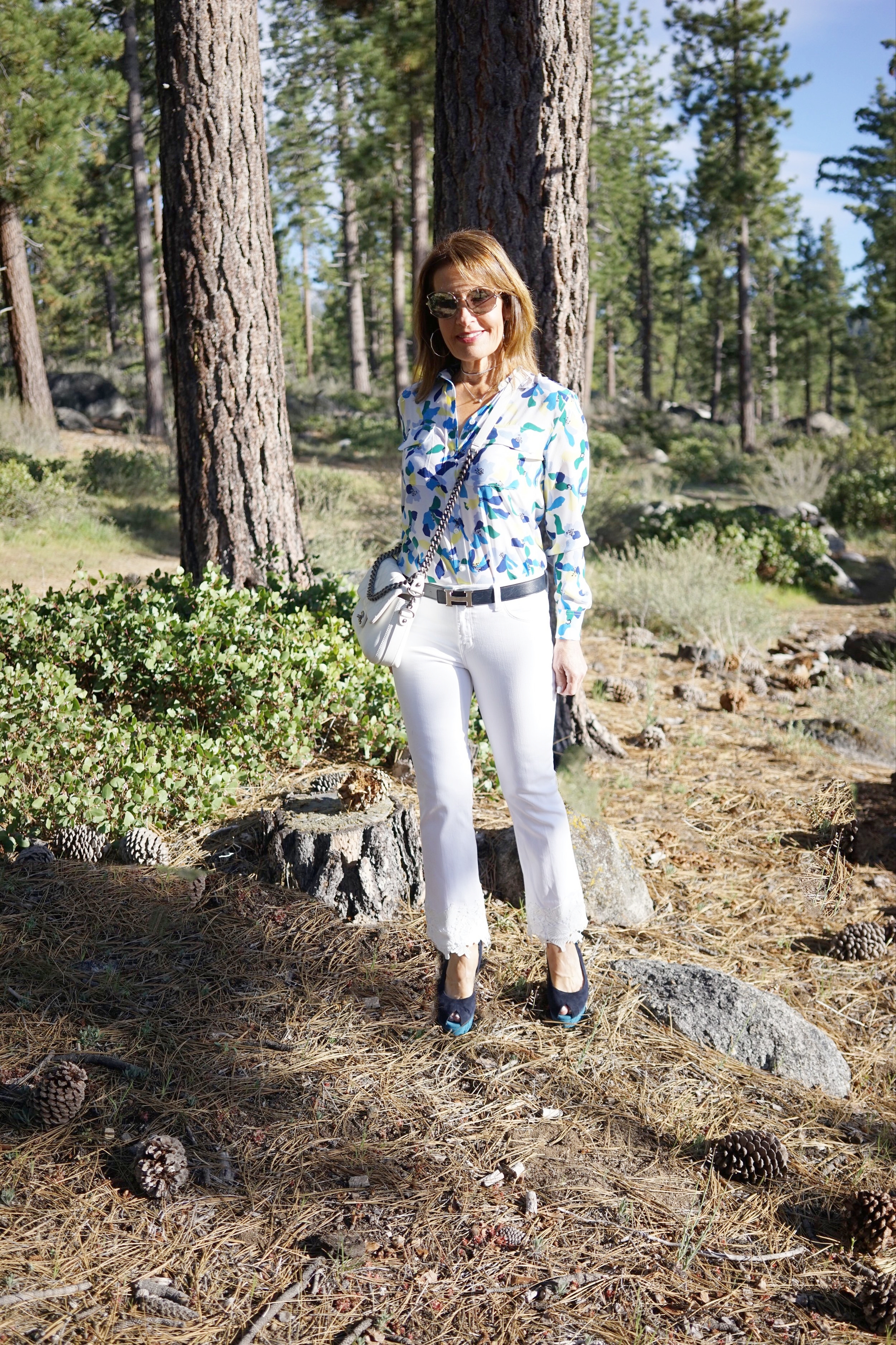 J Brand Jeans, Equipment Blouse, Robert Clergerie Shoes, Chanel Handbag, Miu Miu Shades, Hermes Belt, John Hardy Hoops .