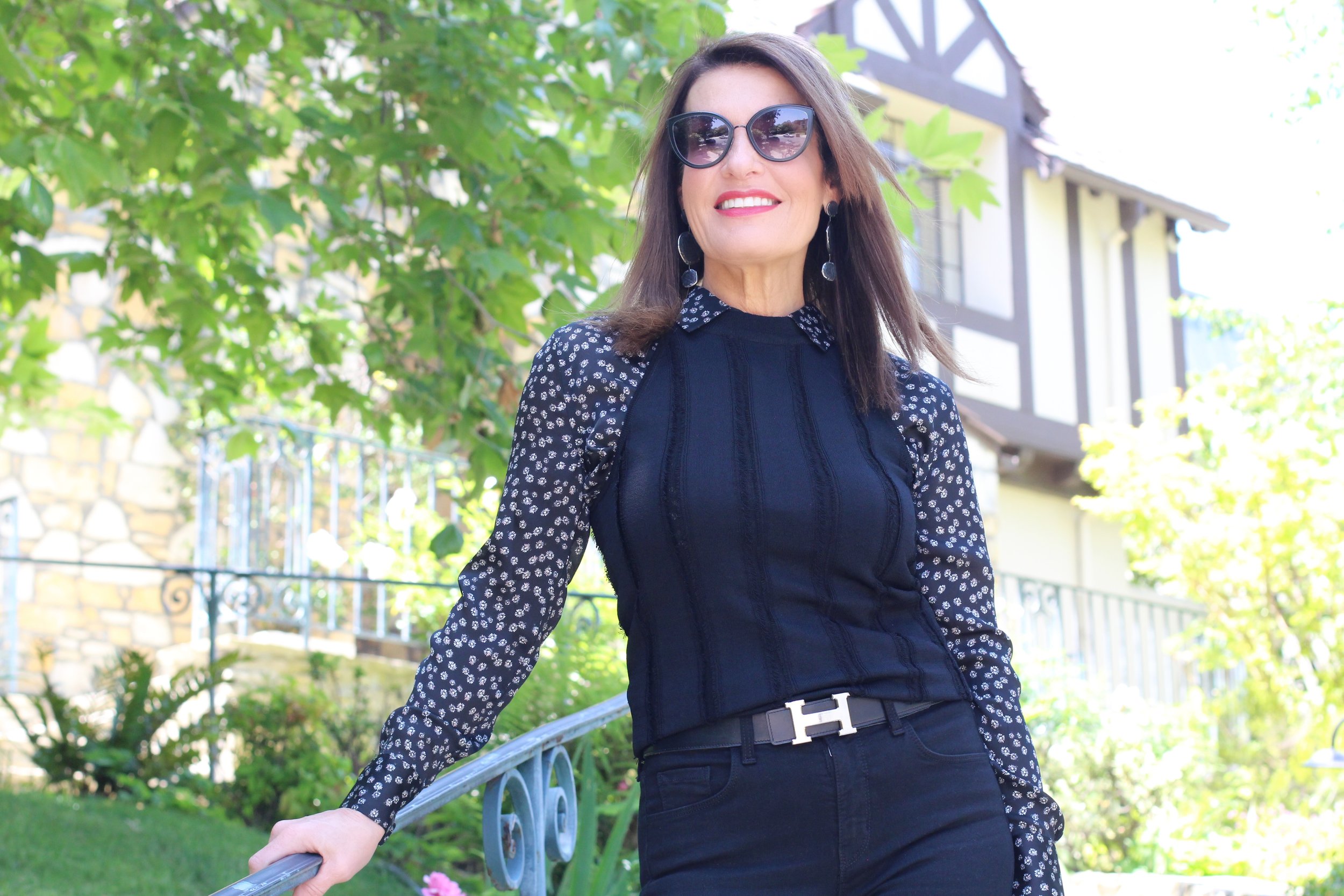  Equipment Blouse, John and Jenn Top (worn as a vest), Hermes Belt, L ’Agence Jeans, Proenza Schouler Heels, Nancy Gonzales Handbag, Chanel Shades