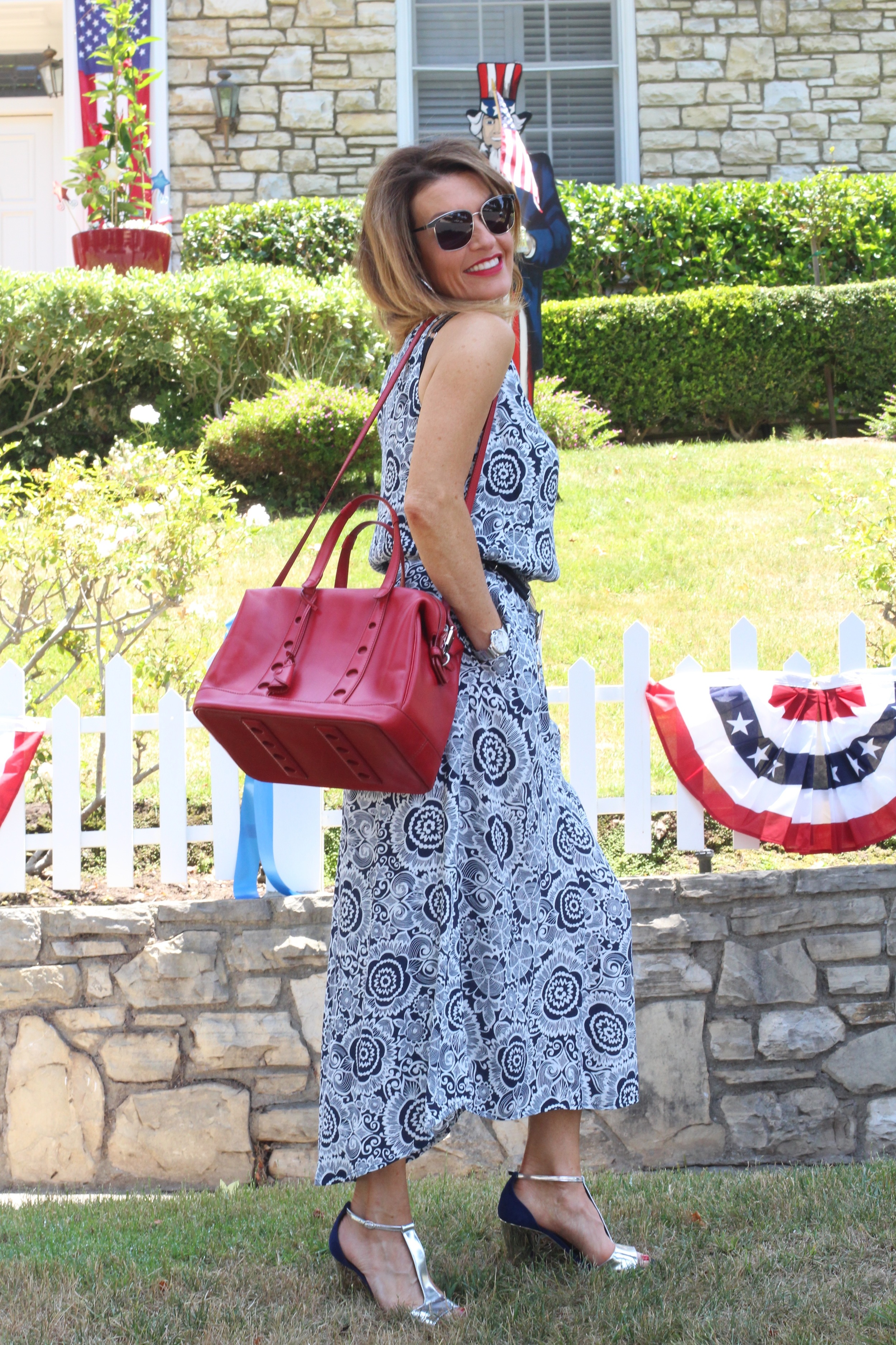   CAbi Twirl Dress ,  Worth New York Belt , Myriam Schafer Handbag, Rupert Sanderson Sandals, on sale  here ,  John Hardy  Earrings and Bracelets, Cartier Watch, Oliver Peoples Sunglasses,  Mac  Ruby Woo Lip Color,  Essie Really Red Nail Polish .  