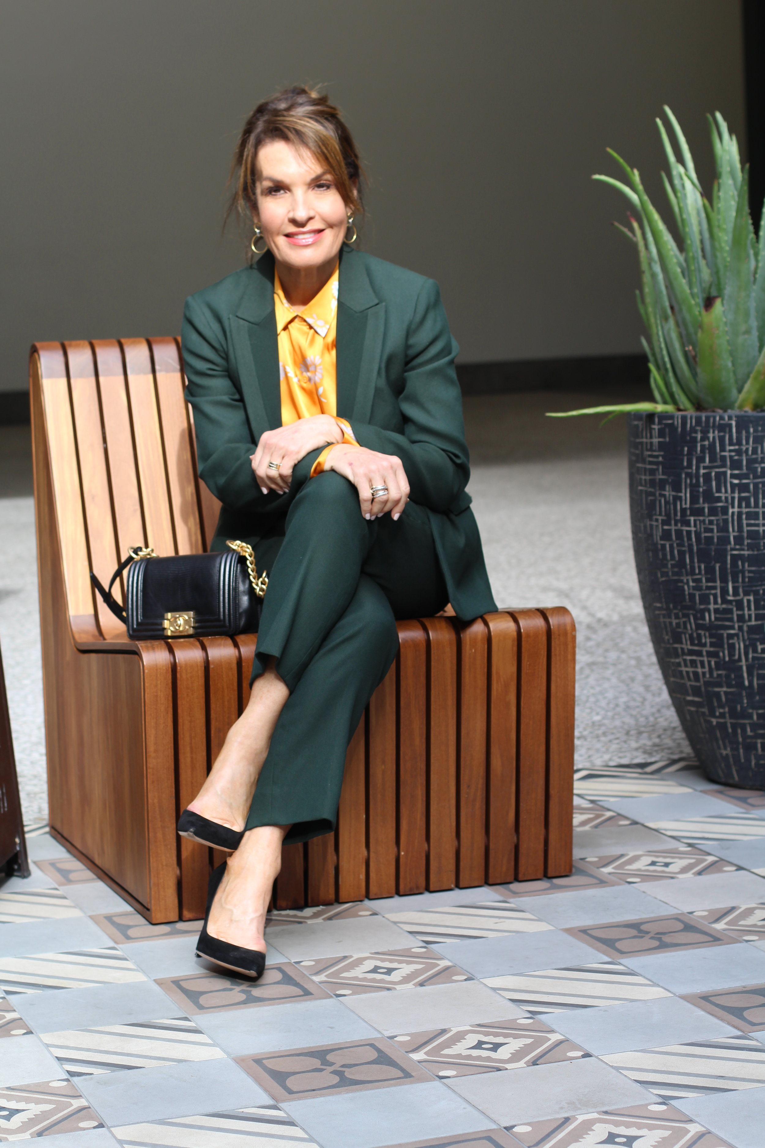 The Row Jacket and Pants, Equipment Blouse, Gianvanito Rossi Shoes, Chanel Handbag, Celine Sunglasses, Madewell Earrings.