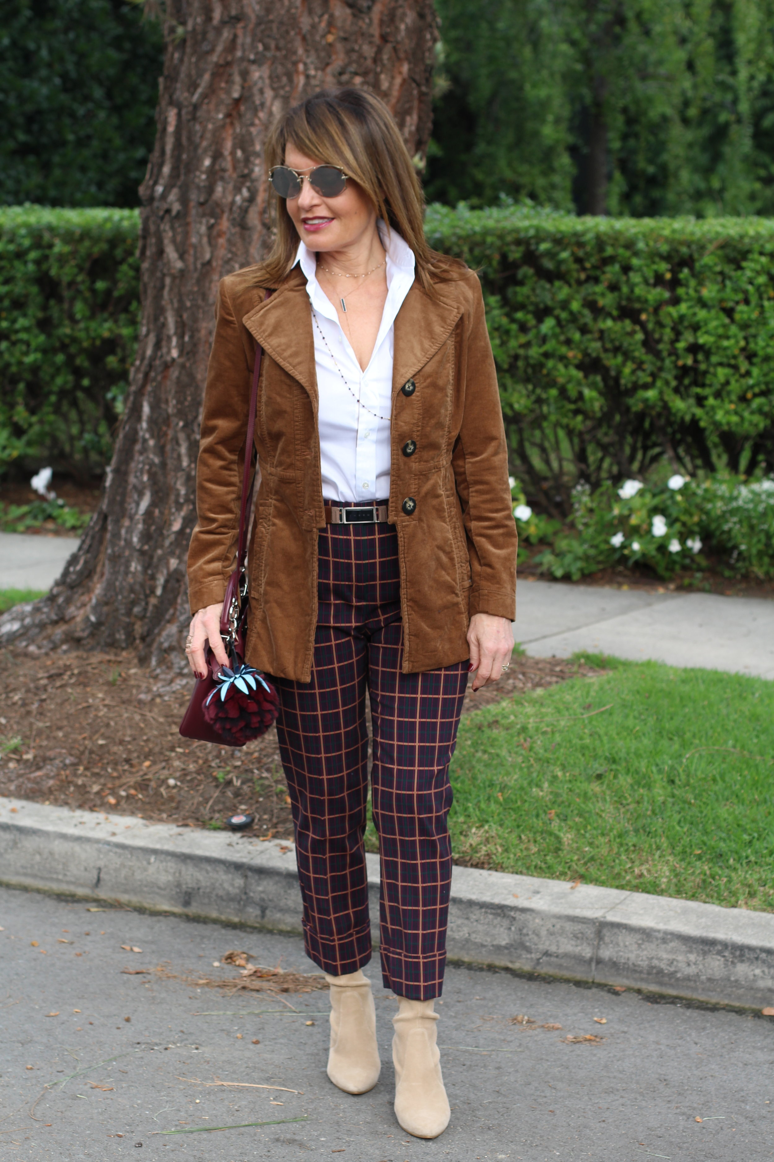 Theory Pant, Cabi Jacket, Ralph Lauren Blouse, Marni Belt, Stuart Weitzman Boots, Fendi Handbag and Charm, Miu Miu Sunglasses, Robin Terman Necklaces and Bracelets, Anne Sisteron Choker.