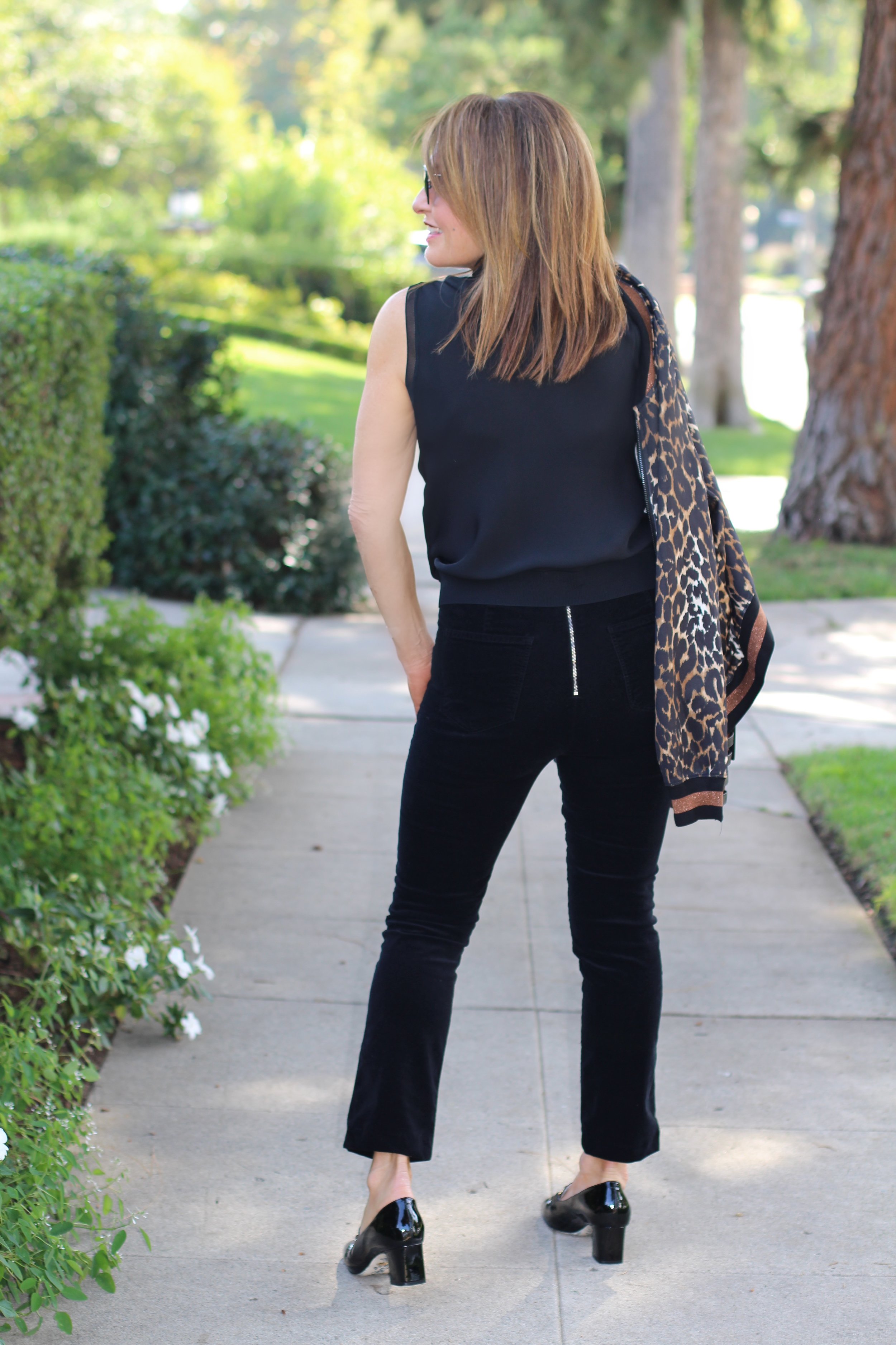 Pam and Gela Jacket, Theory Top, J Brand Velvet Pants, Gucci Shoes, Christian Louboutin Handbag, Chanel Sunglasses, Madewell Earrings.