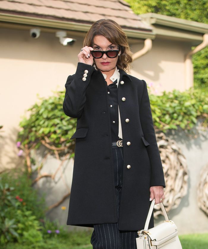 Marc Jacobs Pants, Gucci Blouse, Belt, and Coat, Aquazurra Heels, Valentino Handbag, Celine Sunnies.