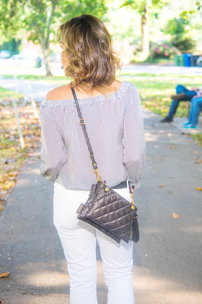 Cabi Blouse, Current Elliot Pants, Bally Shoes, Goldno. 8 Crossbody , Christian Dior Sunnies, Robin Terman Hoops, Gucci Belt.