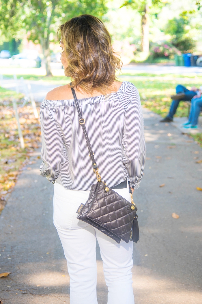 Cabi Blouse, Current Elliot Pants, Bally Shoes, Goldno. 8 Crossbody , Christian Dior Sunnies, Robin Terman Hoops, Gucci Belt.