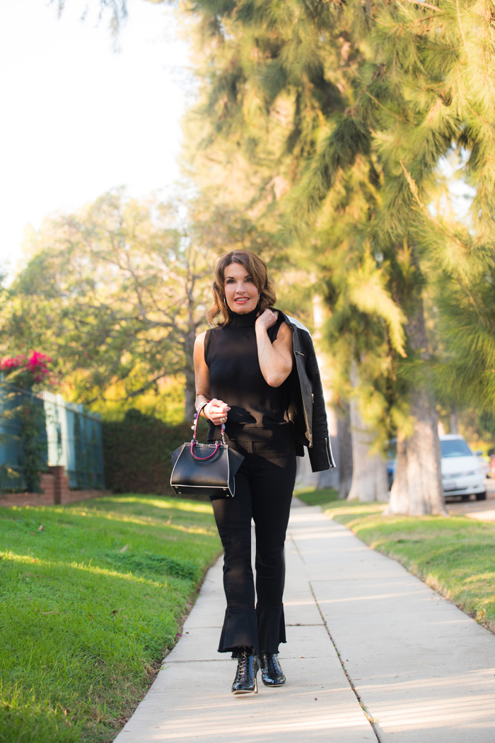 The Mighty Company Leather Jacket, Theory Top, Mother Jeans, Jimmy Choo (c/o Bloomingdales), Miu Miu Shades, Fendi Bag. 