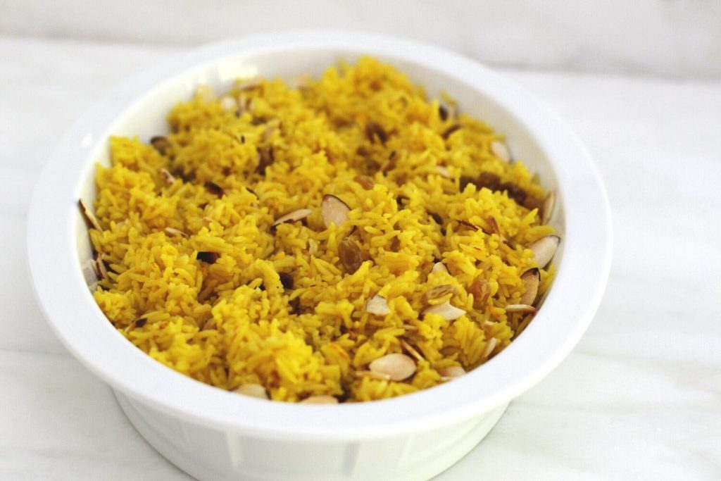 Saffron rice with almonds raisins