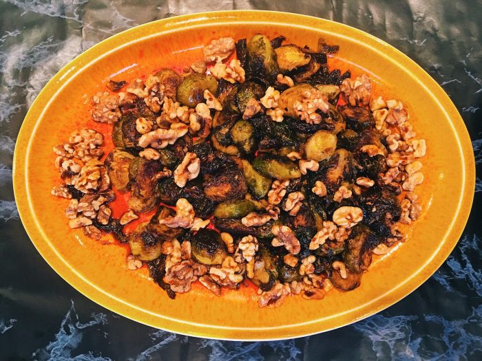 Roasted Brussel Sprouts With Walnuts and Pomegranate Molasses