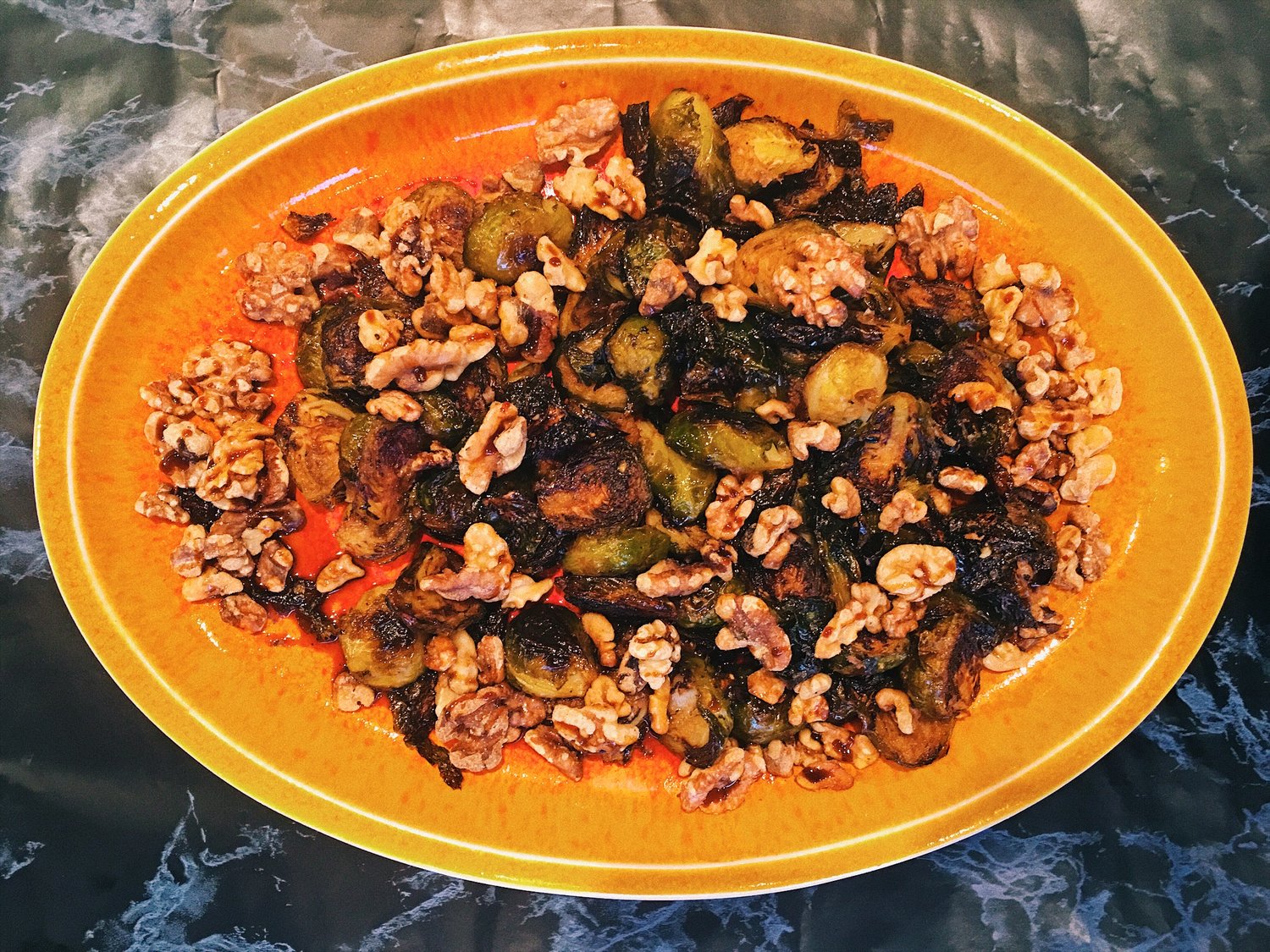 Roasted Brussel Sprouts With Walnuts and Pomegranate Molasses