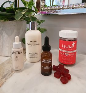 Dr. Sturm Glow Drops, Hum Nutrition Gummies, Collective Laboratories Hair Serum, Tan Luxe Gradual.