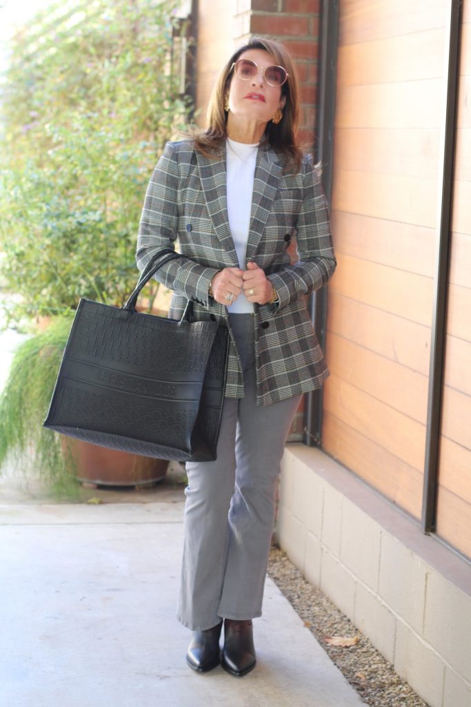 Theory Blazer, A.L.C. Turtleneck, Frame Pants, Dior Booties and Tote, A World Curated Socks, Vintage Karl, Lagerfeld Earrings, Gucci Sunnies. 