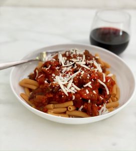 Red Lentil Pasta with Roasted Eggplant, Pepper, Mushrooms and Zucchini