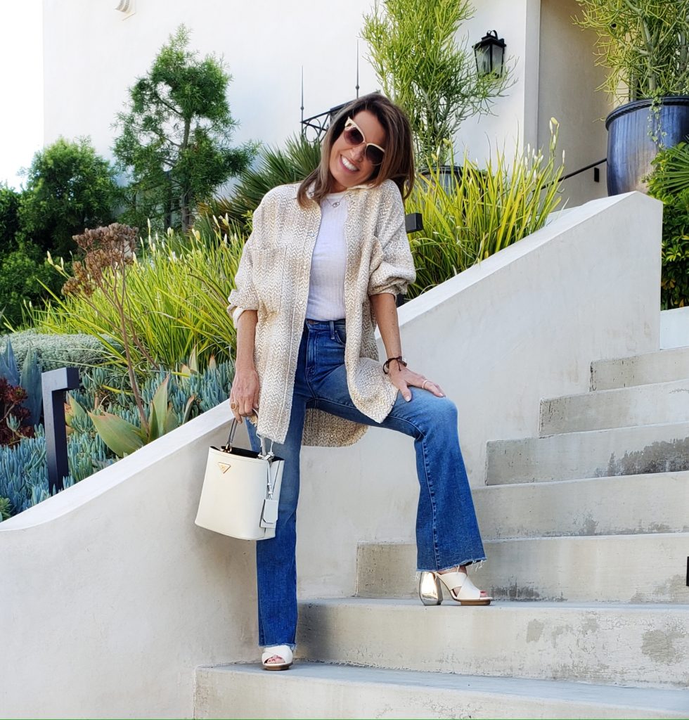 Glenac Oversized Tweed Shirt Outfit with Bally Sandals.