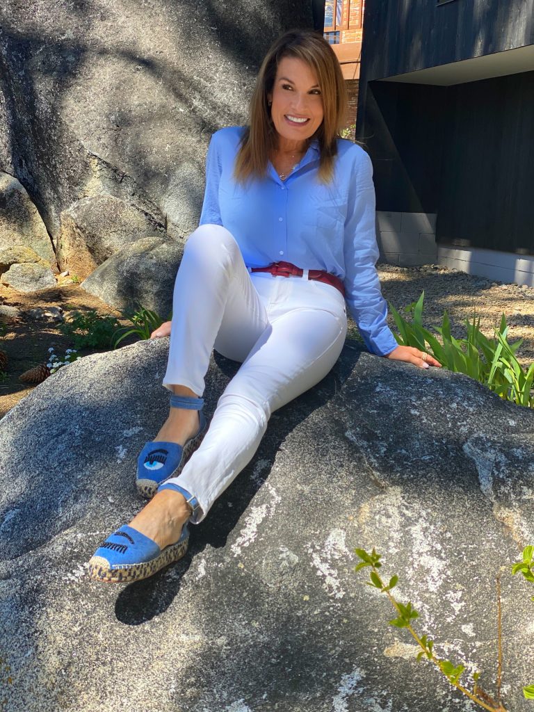 Grayson Button-Down Shirt, White Cabi Jeans, and Chiara Ferragni Shoes.