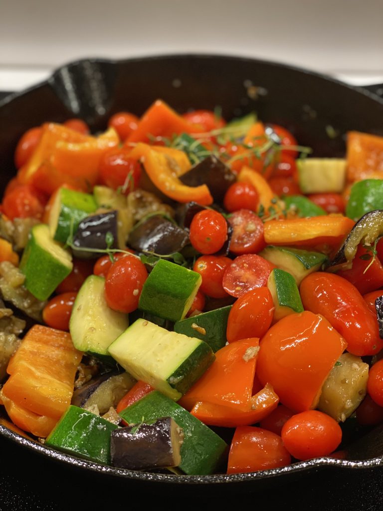 One Skillet Roasted Chicken Breasts with Ratatouille